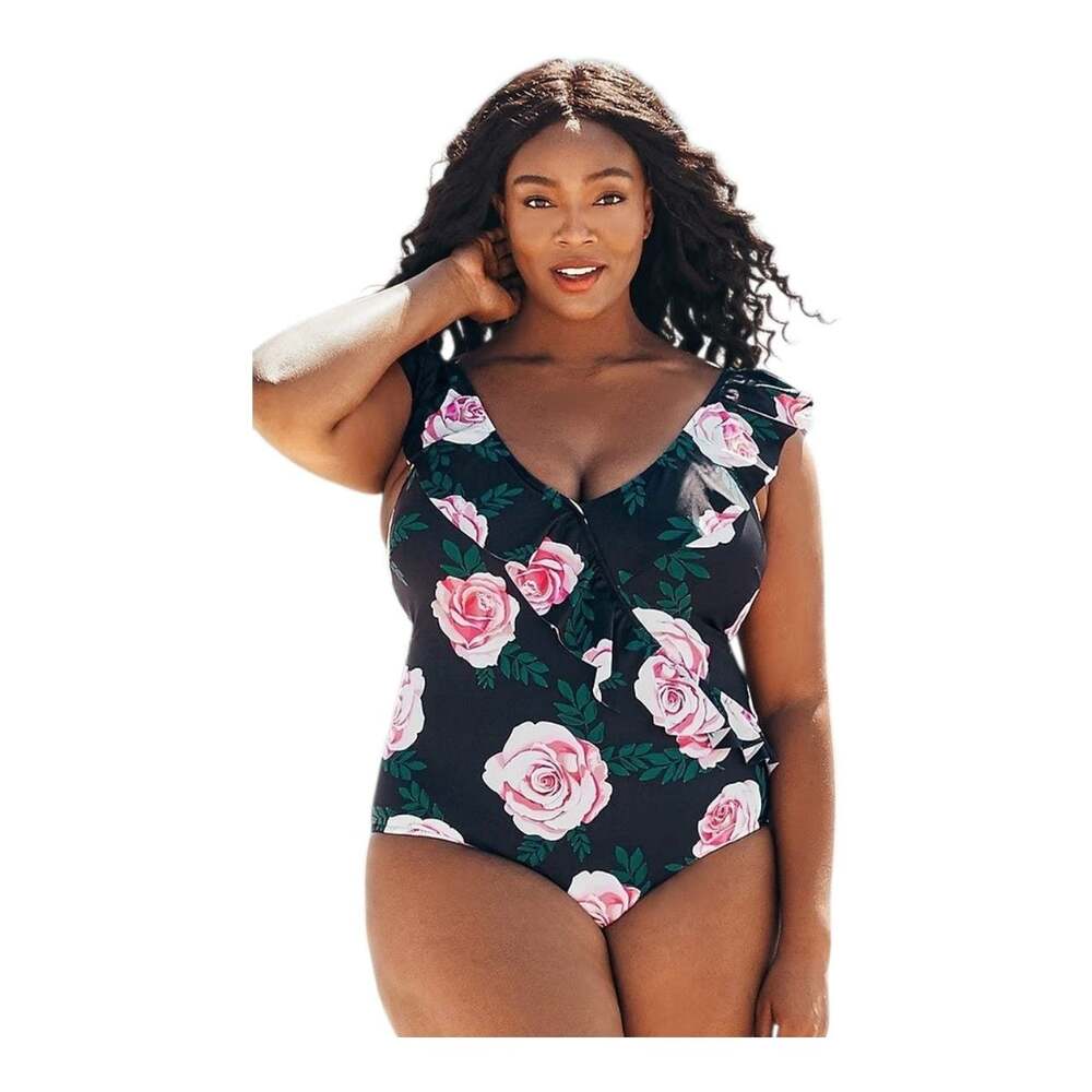 Cupshe Floral Ruffle V-Neck Plus Size One-Piece Swimsuit, size 0X/US 14W
